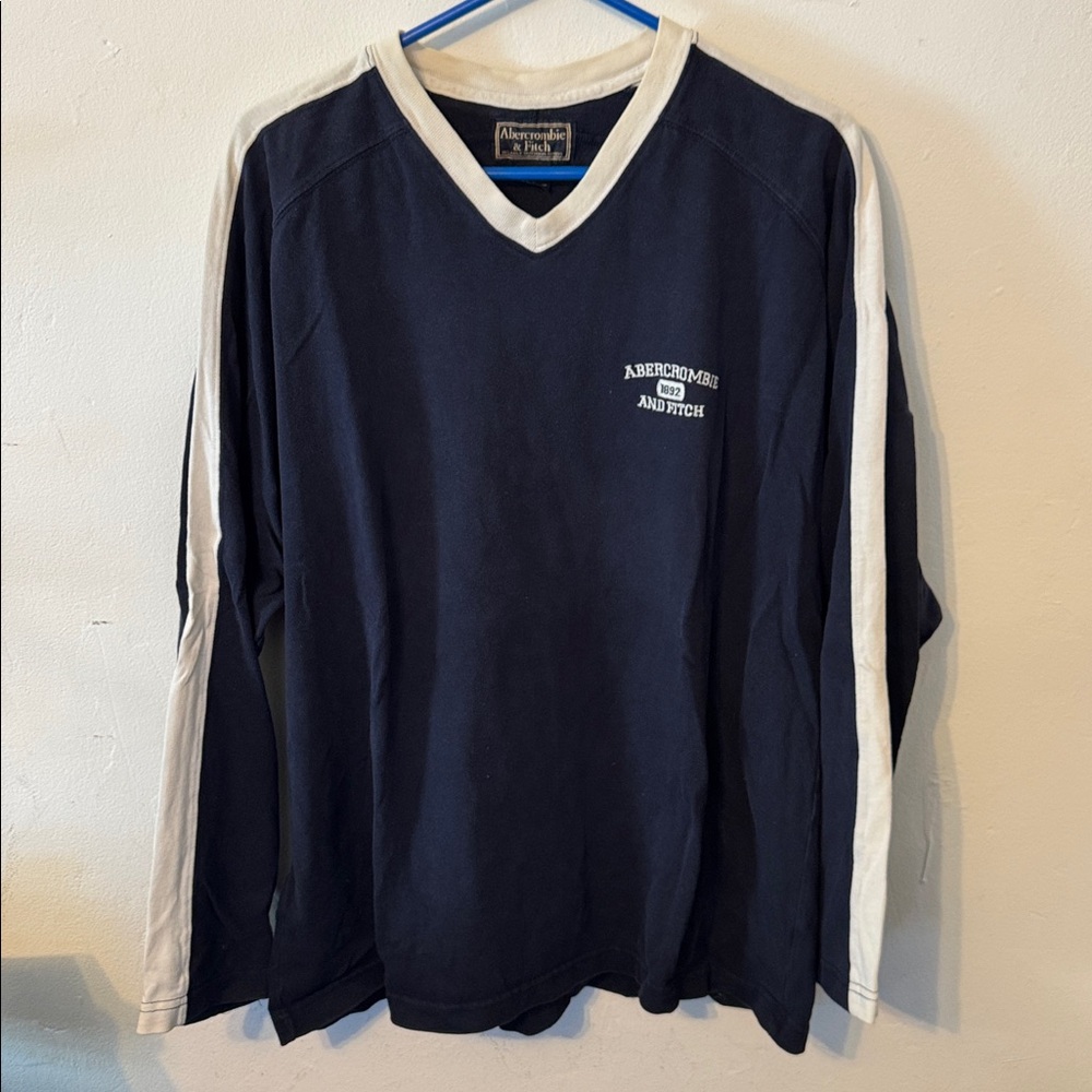 Abercrombie & Fitch Men’s Navy & White V-Neck Long Sleeve Rugby Shirt Size XL